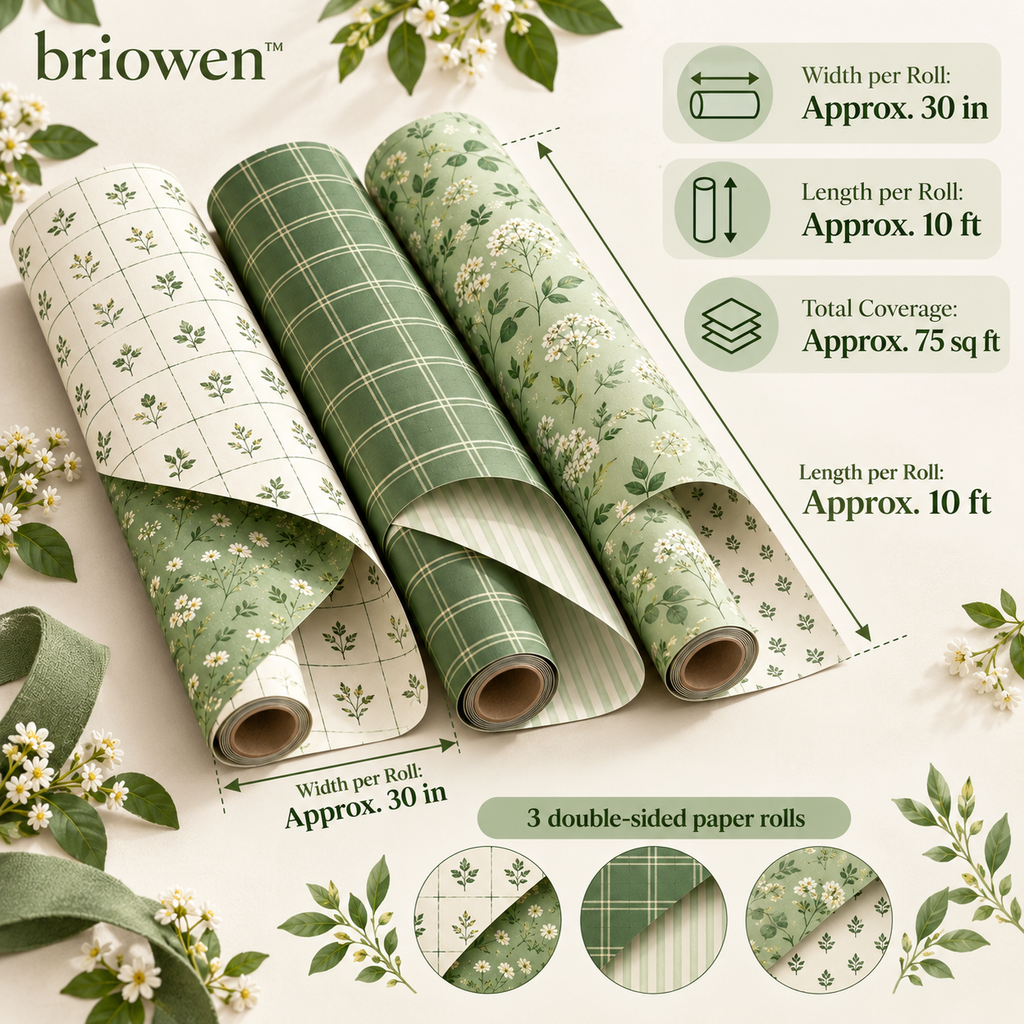 𝐛𝐫𝐢𝐨𝐰𝐞𝐧™ Meadow Grid Reversible Gift Wrapping Paper Roll Set
