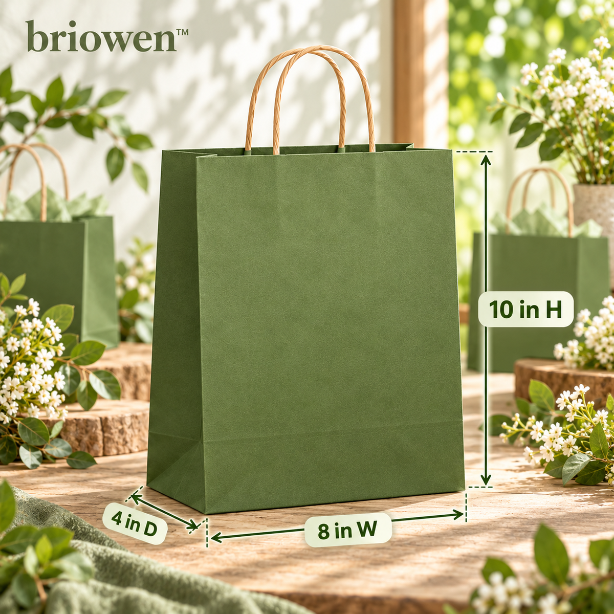 𝐛𝐫𝐢𝐨𝐰𝐞𝐧™ Moss Green Kraft Paper Gift Bags with Handles Set
