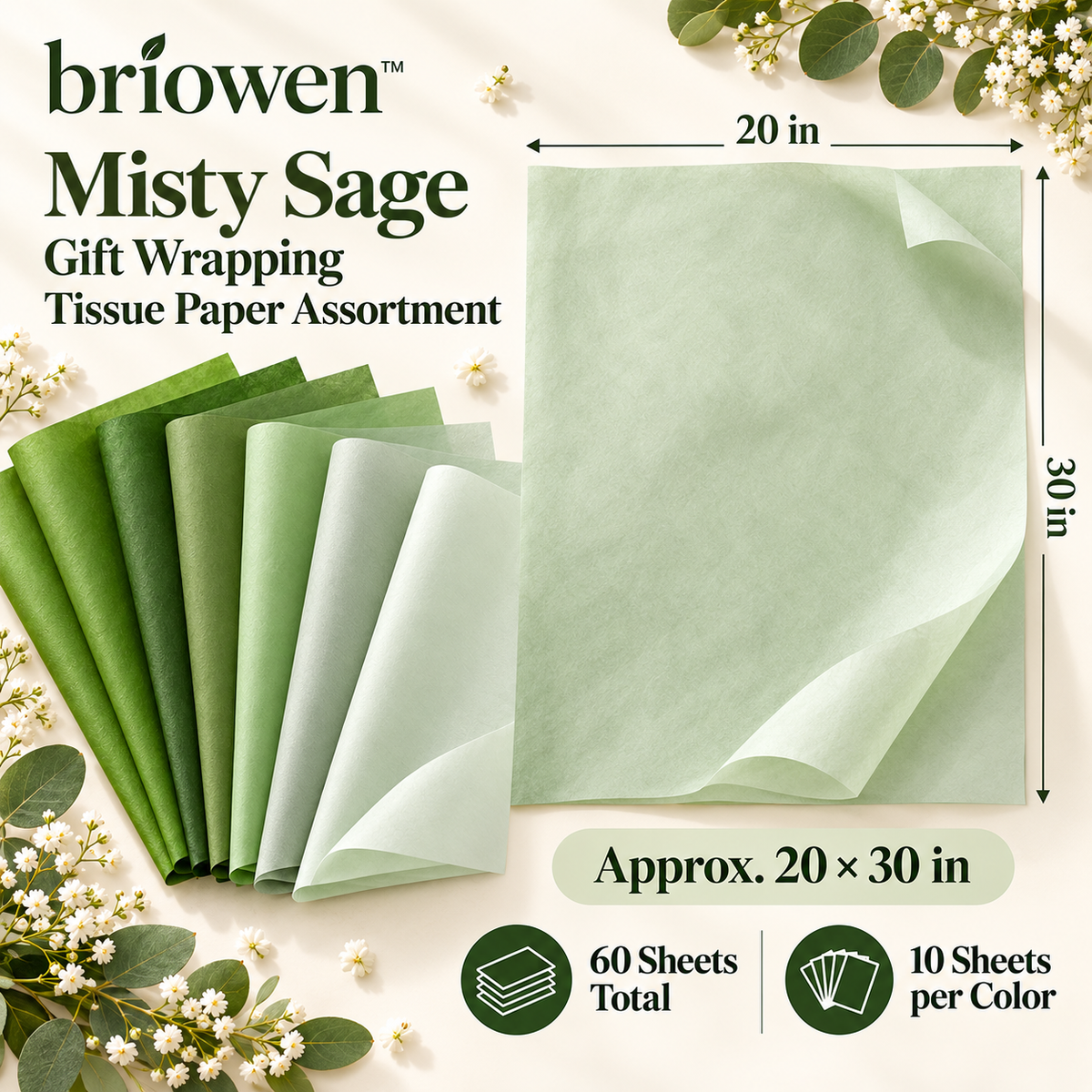 𝐛𝐫𝐢𝐨𝐰𝐞𝐧™ Misty Sage Gift Wrapping Tissue Paper Assortment