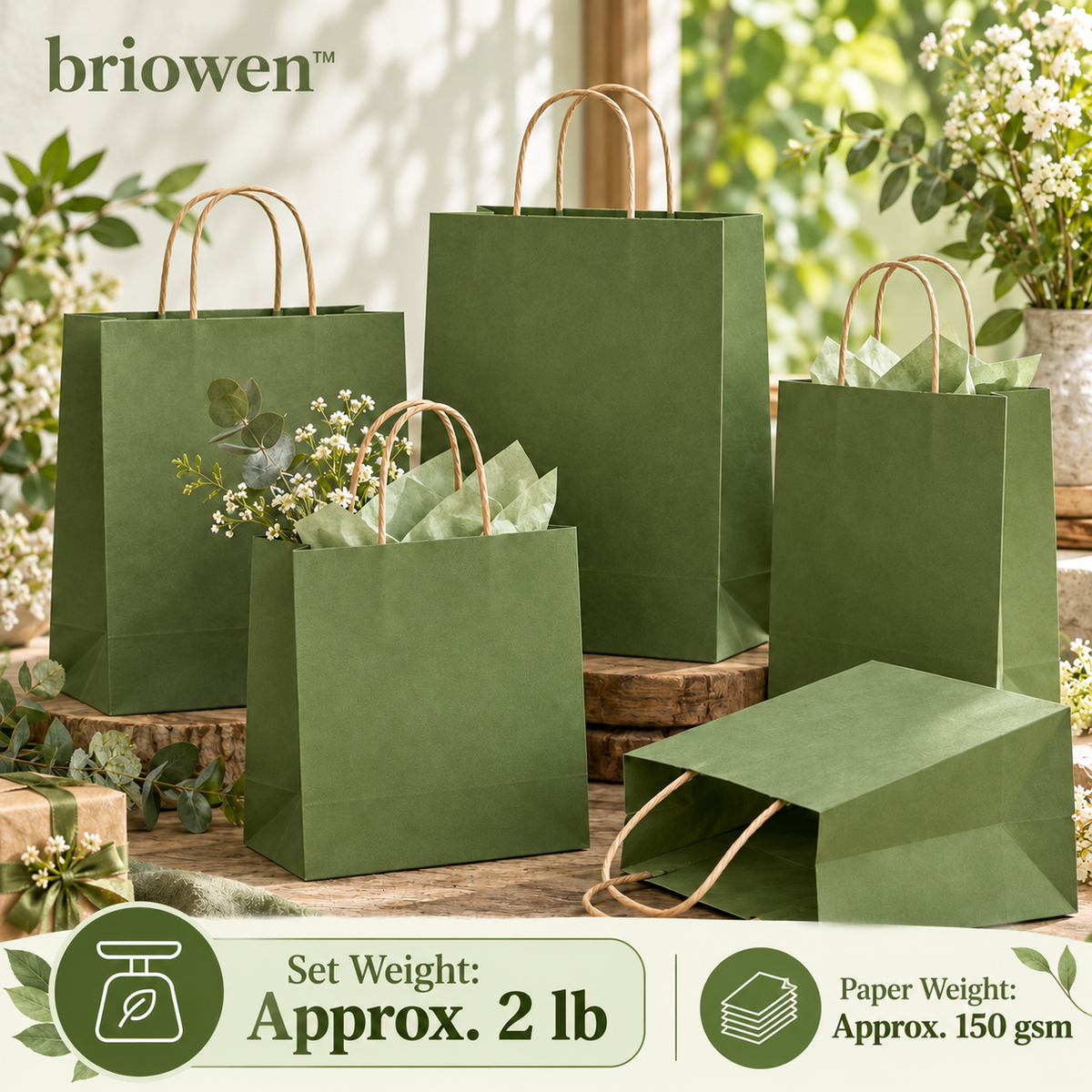 𝐛𝐫𝐢𝐨𝐰𝐞𝐧™ Moss Green Kraft Paper Gift Bags with Handles Set