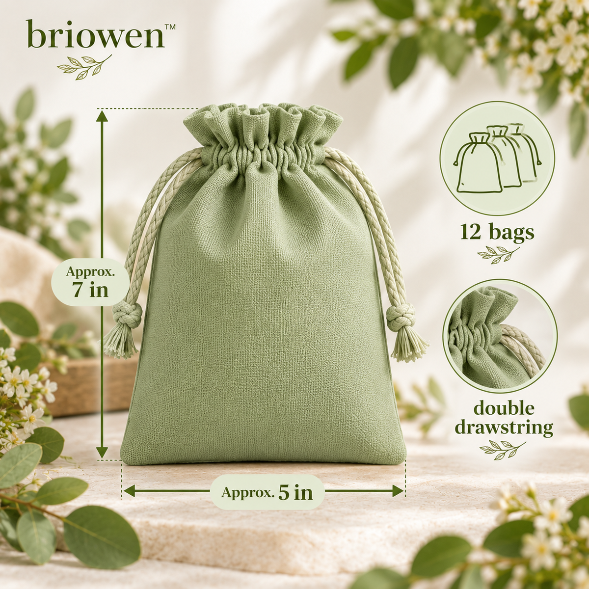 𝐛𝐫𝐢𝐨𝐰𝐞𝐧™ Soft Sage Cotton Drawstring Gift Favor Bags Set