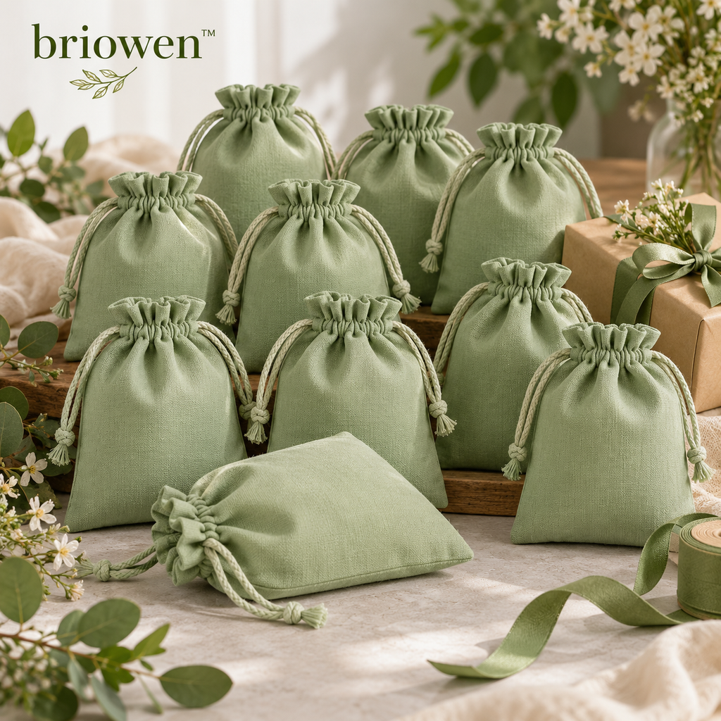 𝐛𝐫𝐢𝐨𝐰𝐞𝐧™ Soft Sage Cotton Drawstring Gift Favor Bags Set