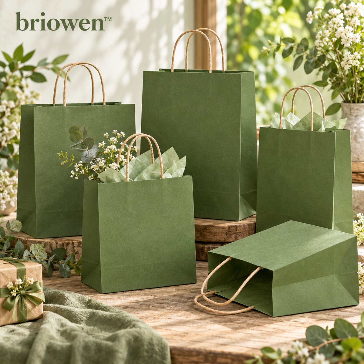 𝐛𝐫𝐢𝐨𝐰𝐞𝐧™ Moss Green Kraft Paper Gift Bags with Handles Set