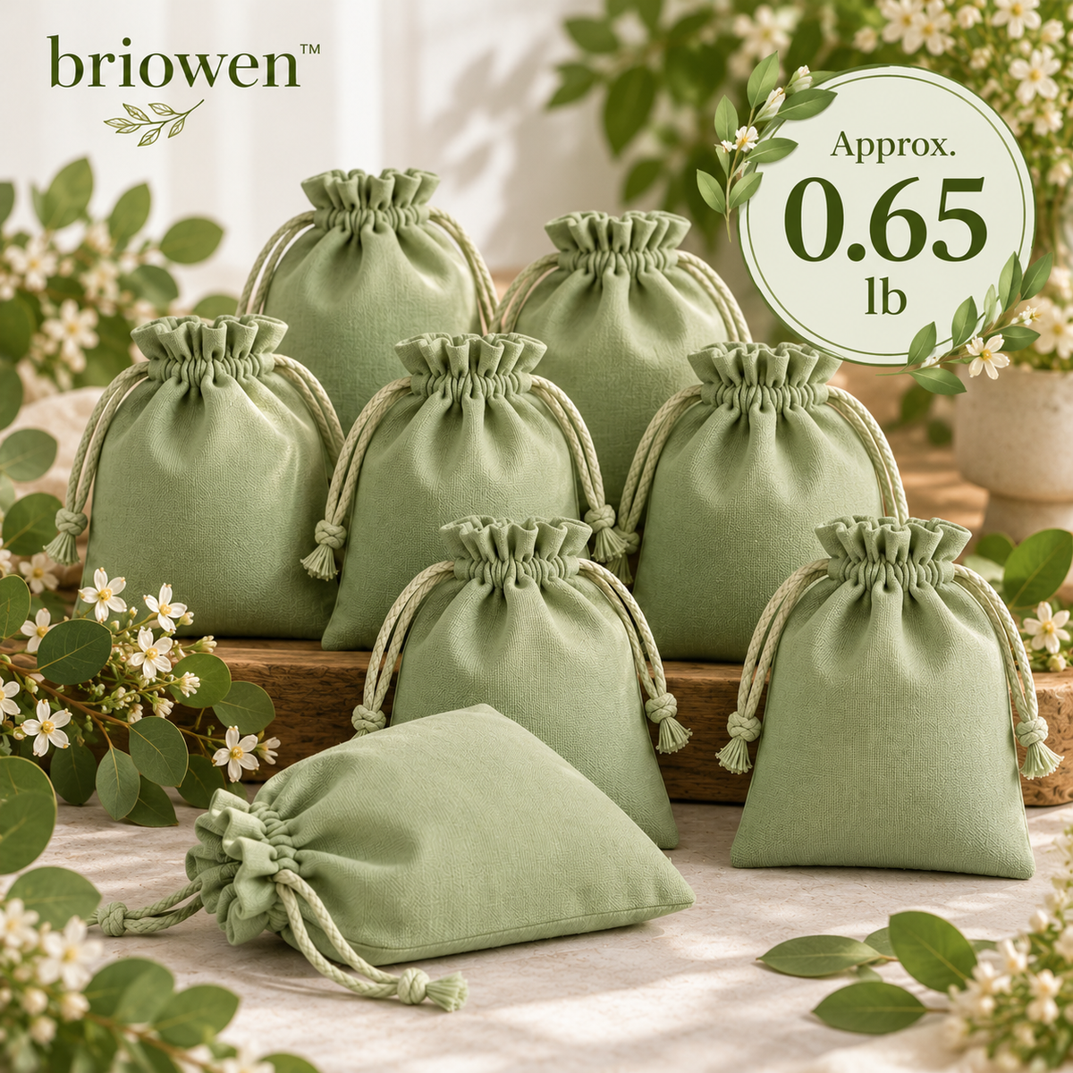 𝐛𝐫𝐢𝐨𝐰𝐞𝐧™ Soft Sage Cotton Drawstring Gift Favor Bags Set