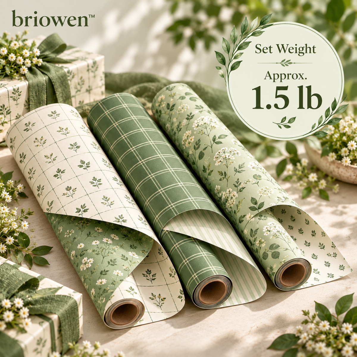 𝐛𝐫𝐢𝐨𝐰𝐞𝐧™ Meadow Grid Reversible Gift Wrapping Paper Roll Set