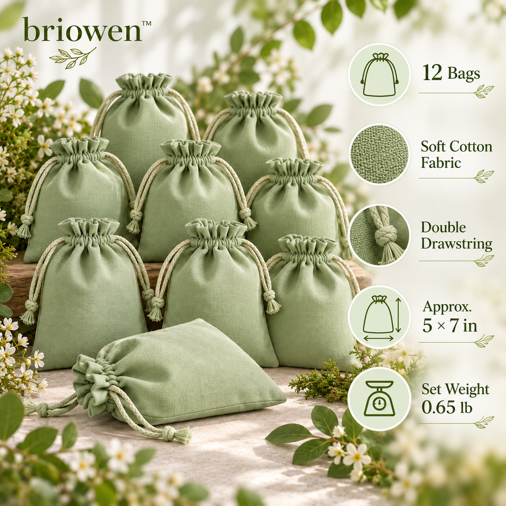 𝐛𝐫𝐢𝐨𝐰𝐞𝐧™ Soft Sage Cotton Drawstring Gift Favor Bags Set