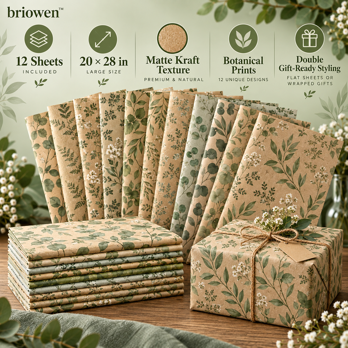 𝐛𝐫𝐢𝐨𝐰𝐞𝐧™ Sage Botanical Matte Kraft Gift Wrapping Paper Sheets