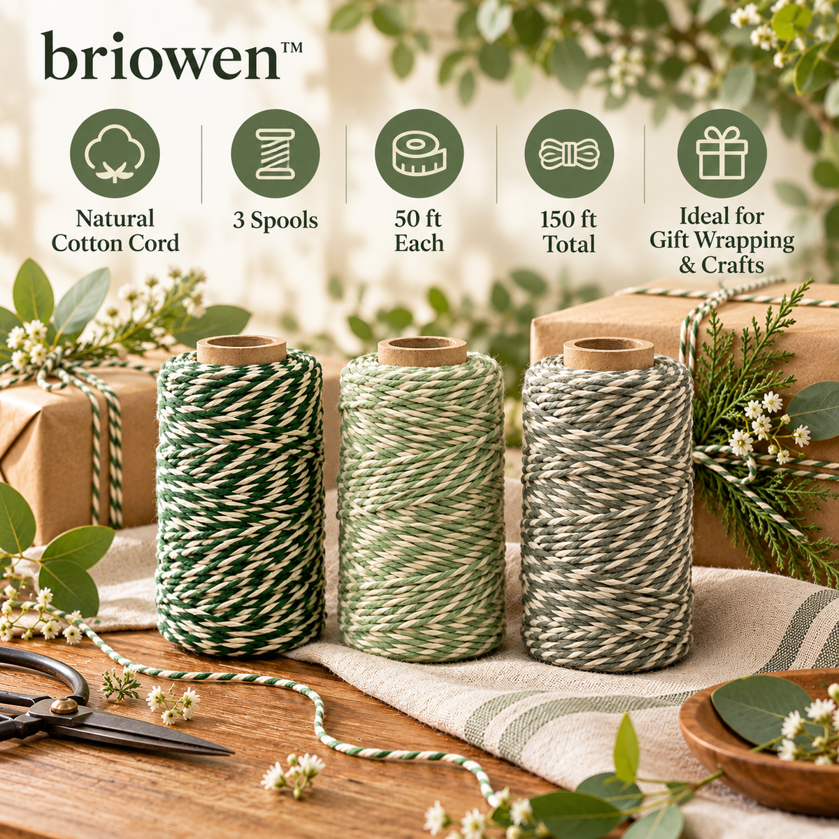 𝐛𝐫𝐢𝐨𝐰𝐞𝐧™ Woodland Cotton Twine and Decorative Gift Wrapping Cord Set