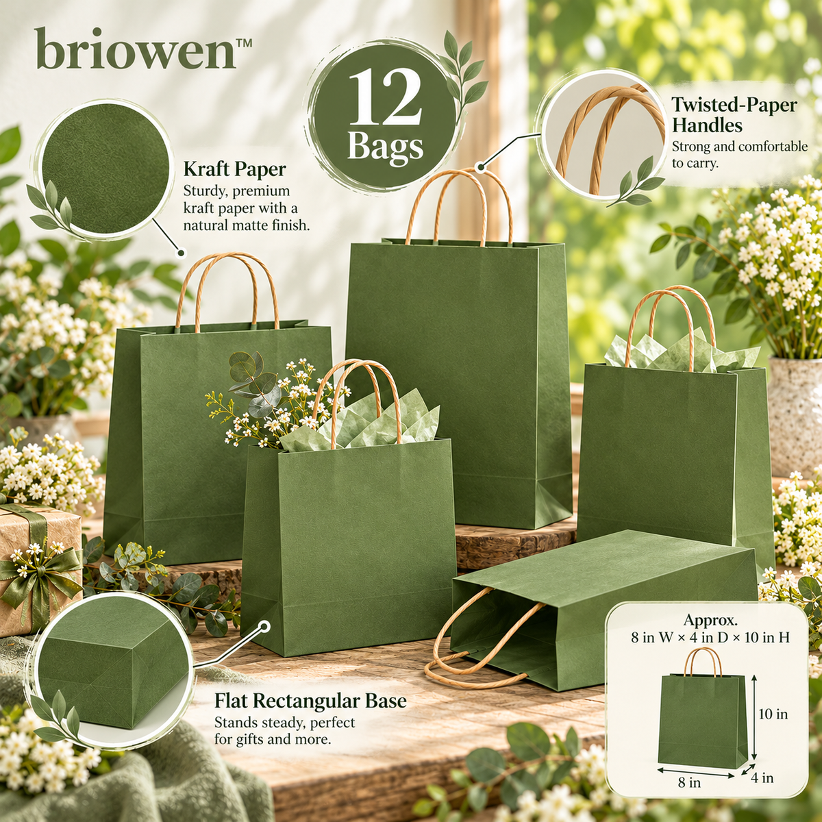𝐛𝐫𝐢𝐨𝐰𝐞𝐧™ Moss Green Kraft Paper Gift Bags with Handles Set