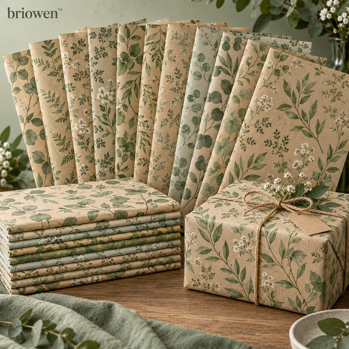 𝐛𝐫𝐢𝐨𝐰𝐞𝐧™ Sage Botanical Matte Kraft Gift Wrapping Paper Sheets