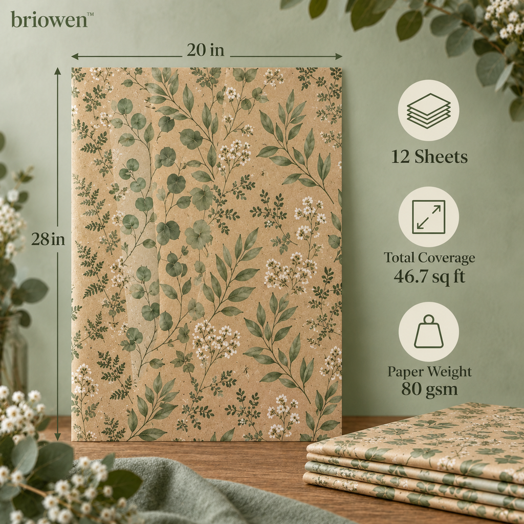 𝐛𝐫𝐢𝐨𝐰𝐞𝐧™ Sage Botanical Matte Kraft Gift Wrapping Paper Sheets