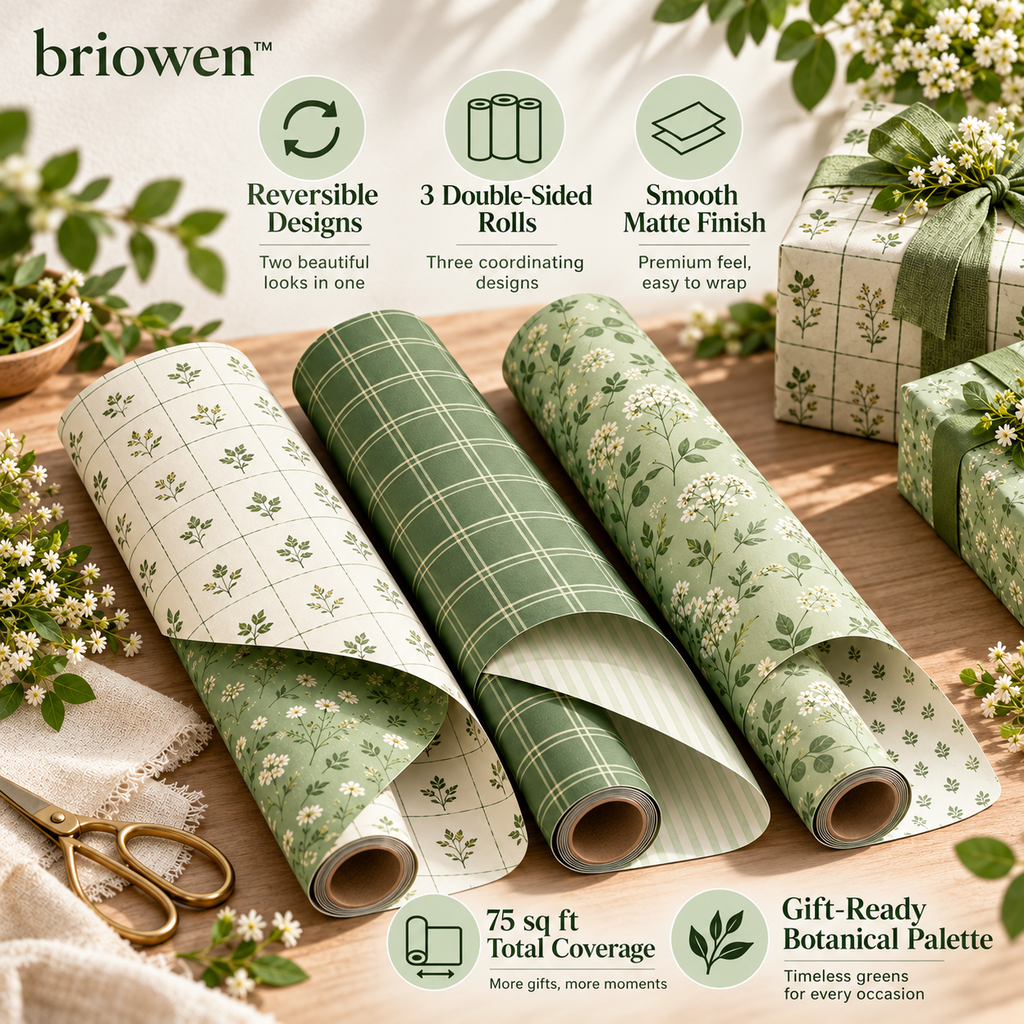 𝐛𝐫𝐢𝐨𝐰𝐞𝐧™ Meadow Grid Reversible Gift Wrapping Paper Roll Set