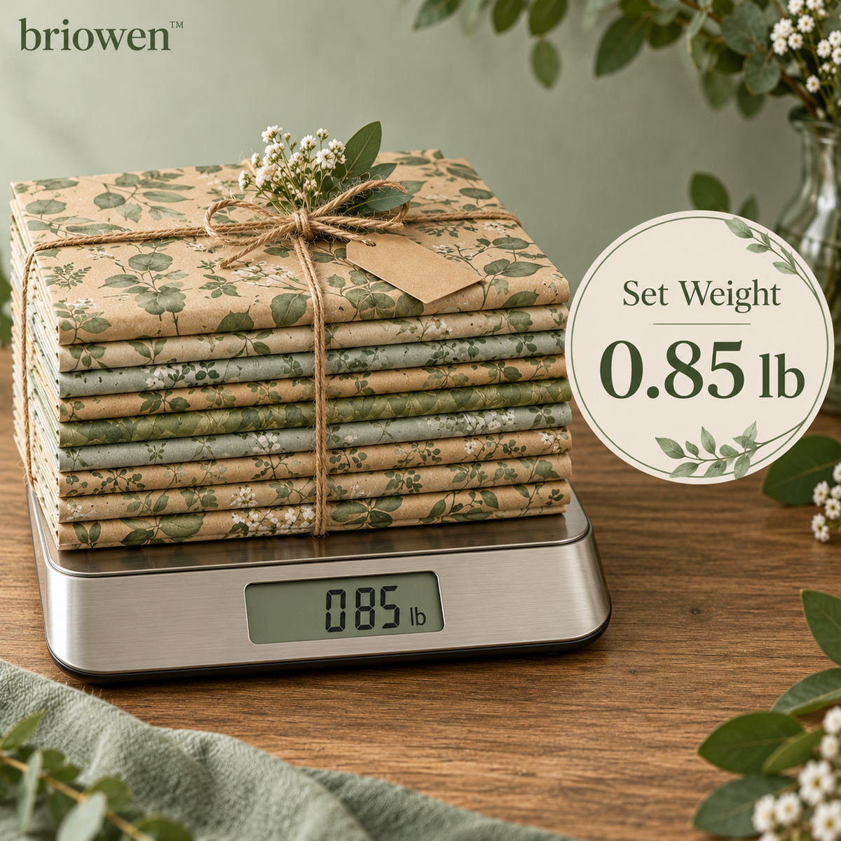 𝐛𝐫𝐢𝐨𝐰𝐞𝐧™ Sage Botanical Matte Kraft Gift Wrapping Paper Sheets