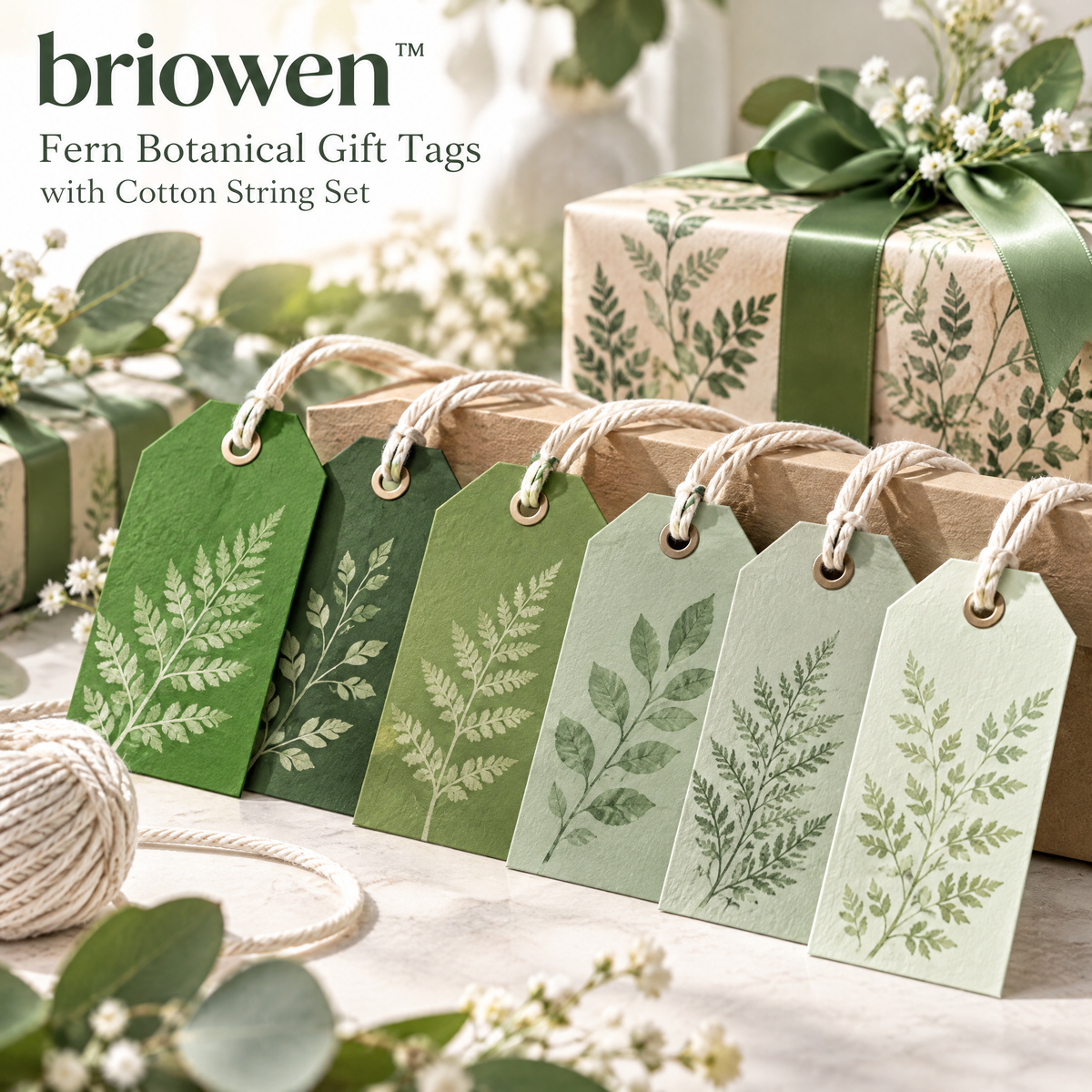 𝐛𝐫𝐢𝐨𝐰𝐞𝐧™ Fern Botanical Gift Tags with Cotton String Set