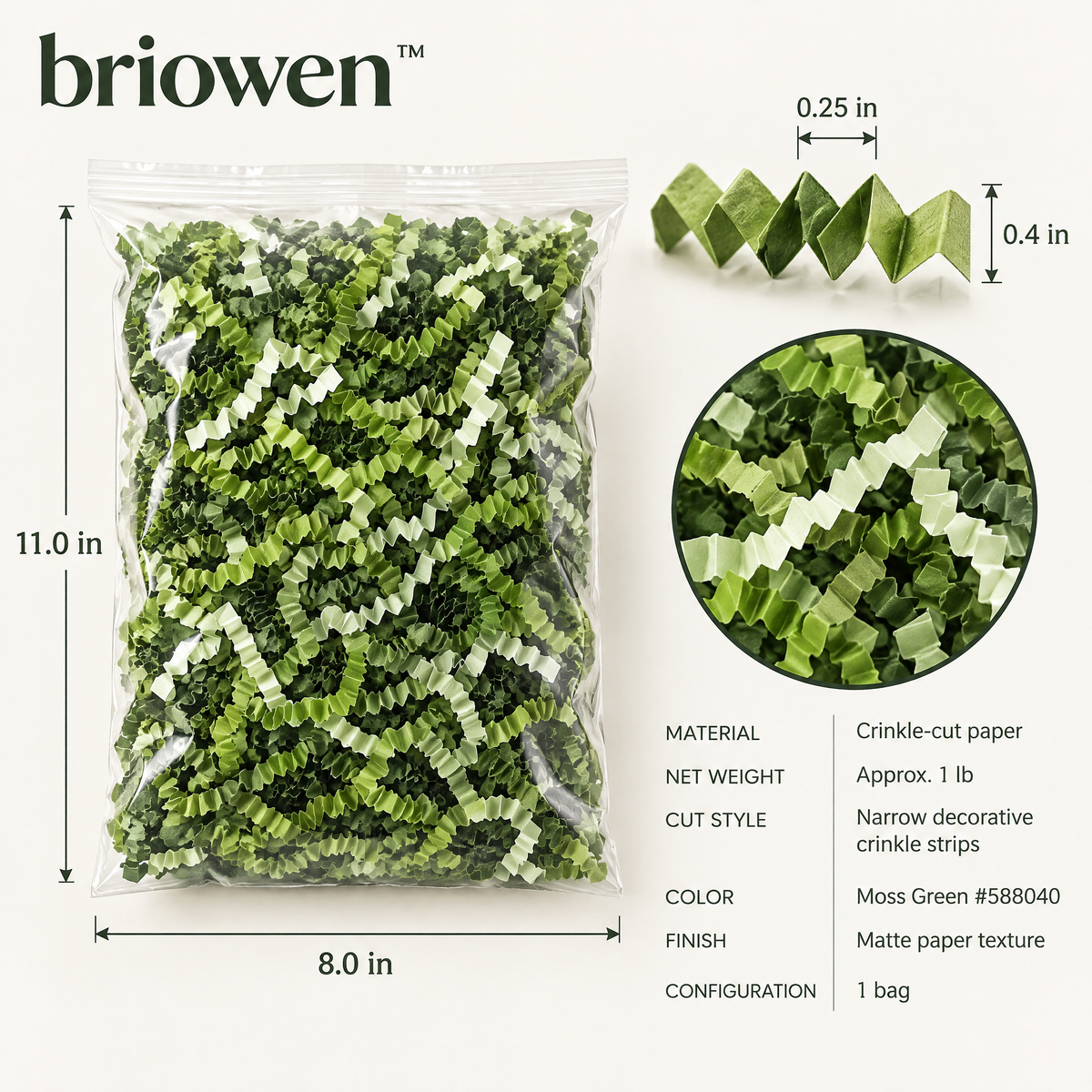 𝐛𝐫𝐢𝐨𝐰𝐞𝐧™ Moss Green Crinkle Cut Paper Shred Gift Box Filler