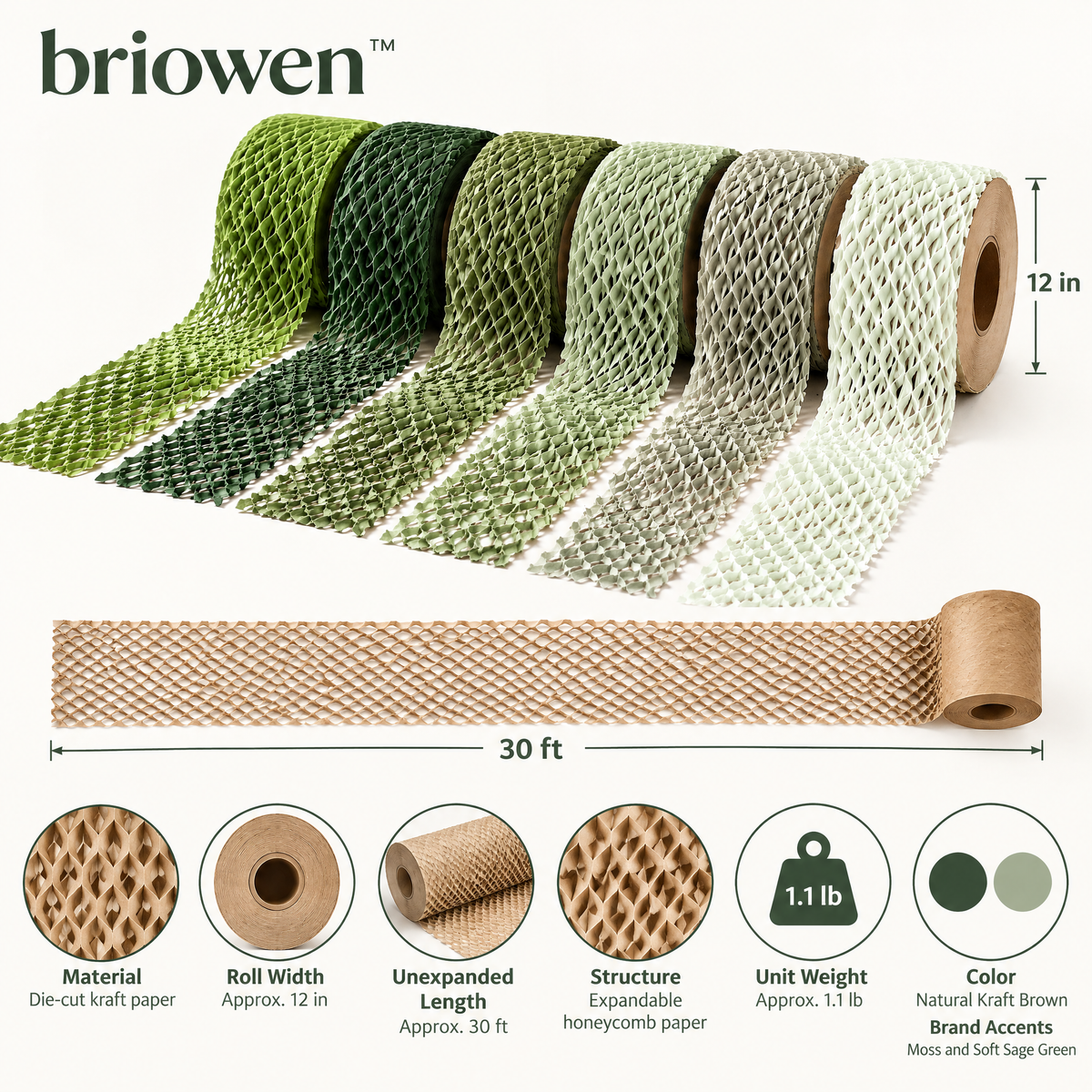 𝐛𝐫𝐢𝐨𝐰𝐞𝐧™ Natural Honeycomb Kraft Paper Gift Wrapping Cushion Roll
