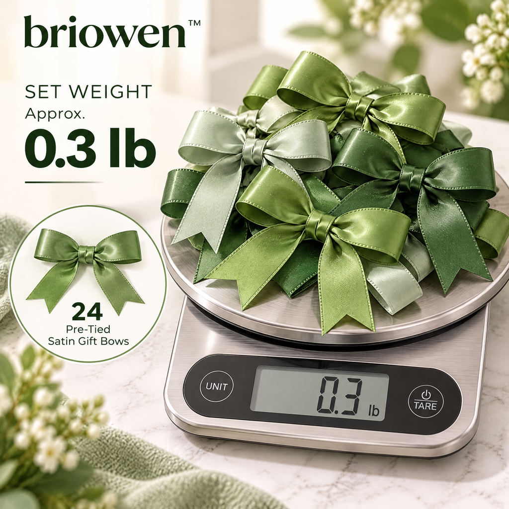 𝐛𝐫𝐢𝐨𝐰𝐞𝐧™ Sage Satin Pre-Tied Gift Wrapping Ribbon Bows Set