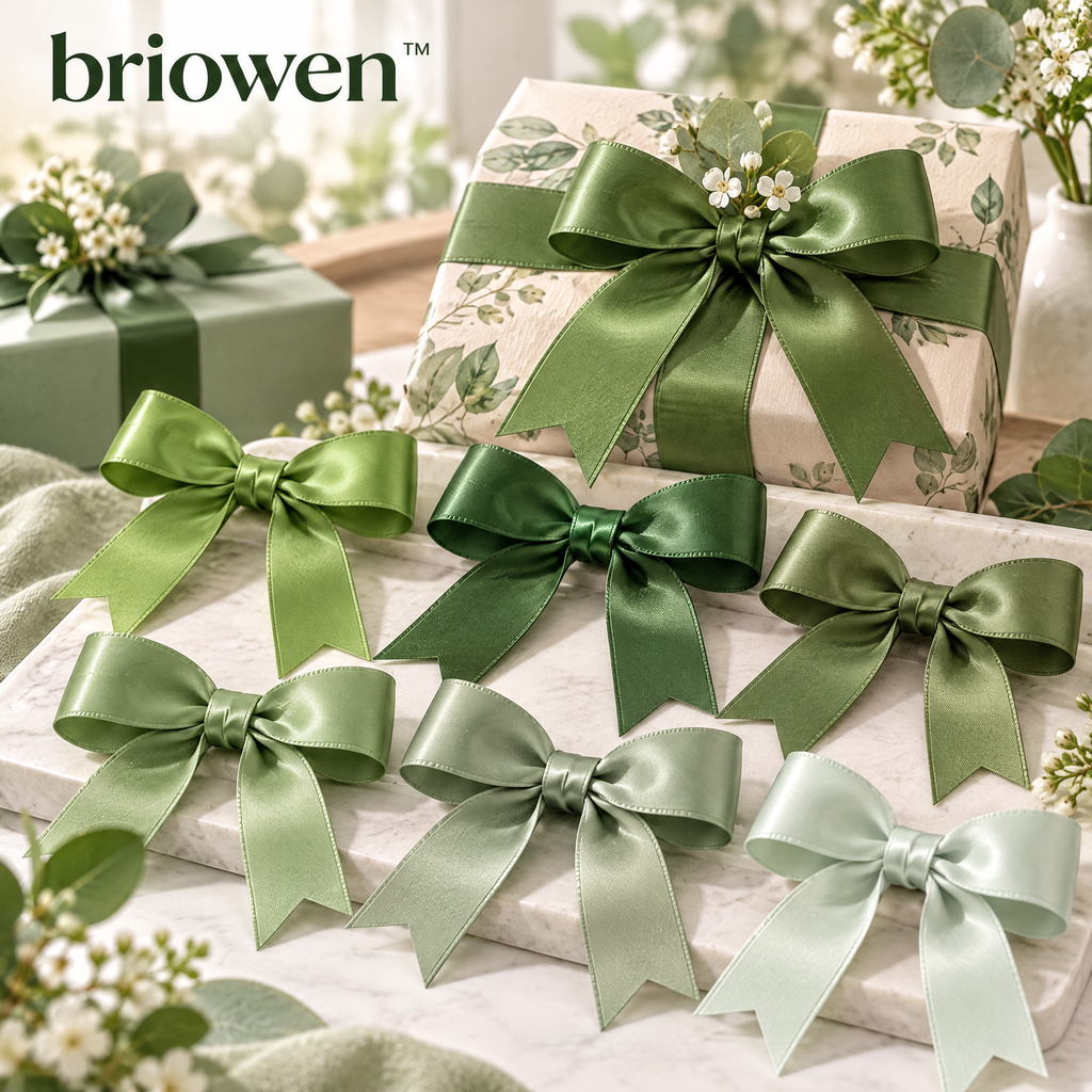𝐛𝐫𝐢𝐨𝐰𝐞𝐧™ Sage Satin Pre-Tied Gift Wrapping Ribbon Bows Set