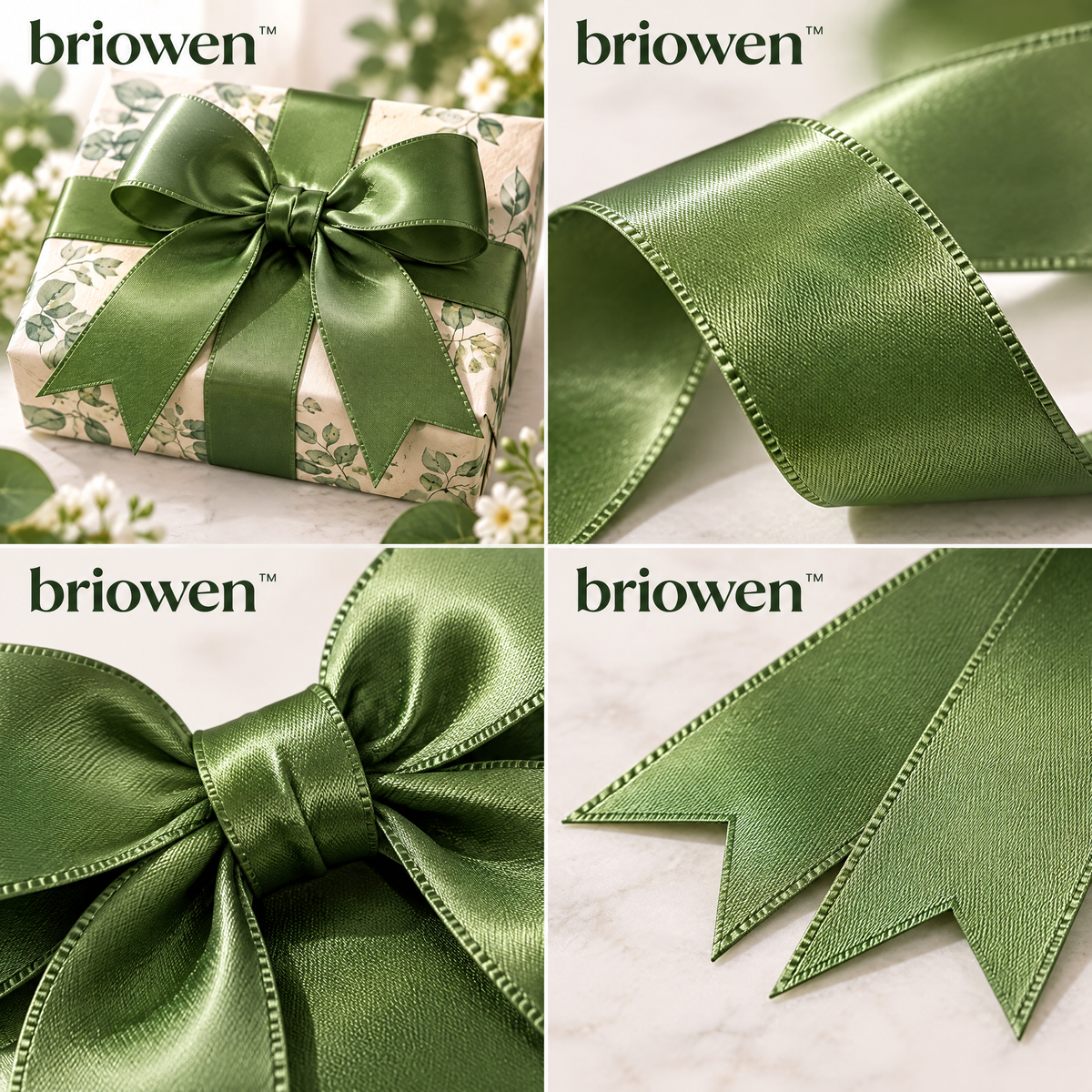 𝐛𝐫𝐢𝐨𝐰𝐞𝐧™ Sage Satin Pre-Tied Gift Wrapping Ribbon Bows Set