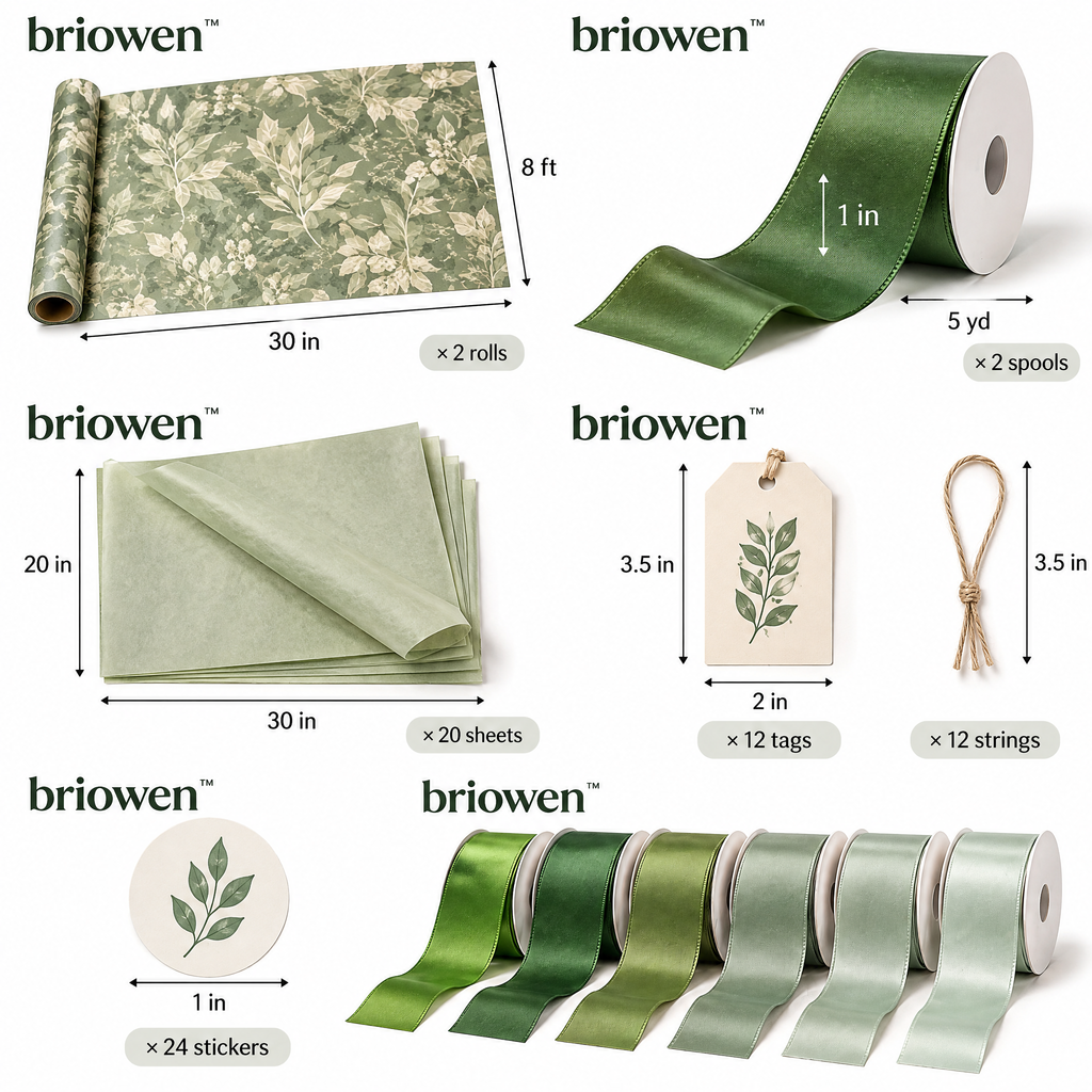 𝐛𝐫𝐢𝐨𝐰𝐞𝐧™ Botanical Gift Wrapping Paper Ribbon and Tag Starter Kit